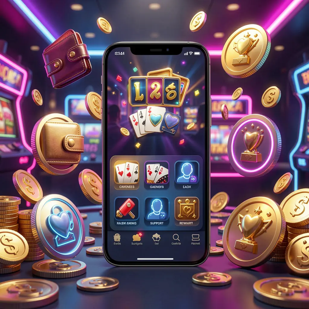 899 OK online casino app features displayed on a smartphone surrounded by icons for wallet, games, support, and rewards with golden coins and neon lights in a luxury 3D render