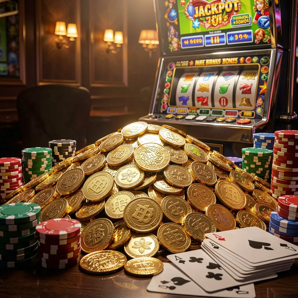 899 OK jackpot bonus scene featuring a huge pile of golden coins, a slot machine in the background, poker chips, and playing cards under cinematic luxury lighting