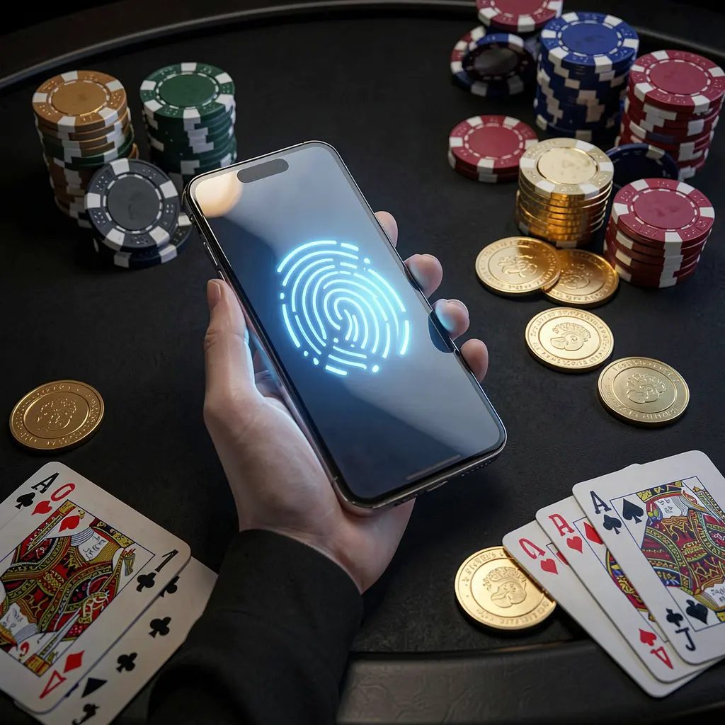 899 OK online casino authentication concept showing a phone with fingerprint scan glow on a premium black table surrounded by poker chips, golden coins, and playing cards in a cinematic 3D render