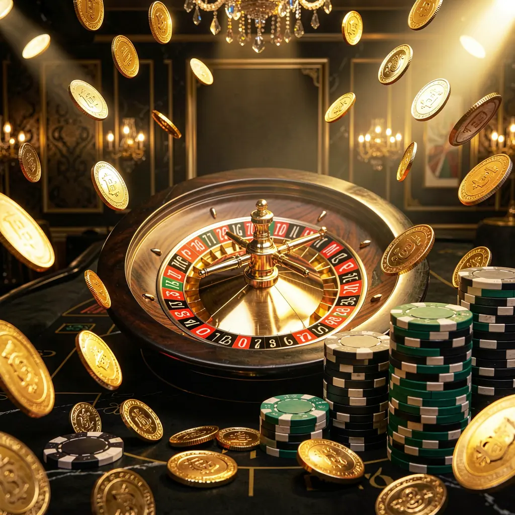 899 OK online casino main page background featuring dramatic casino lights, golden coins flying, poker chips stacked in the foreground, and a roulette wheel behind in a luxury black and gold atmosphere
